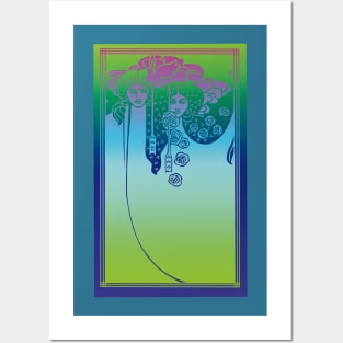 Art Nouveau Ladies (aqua on blue) Posters and Art